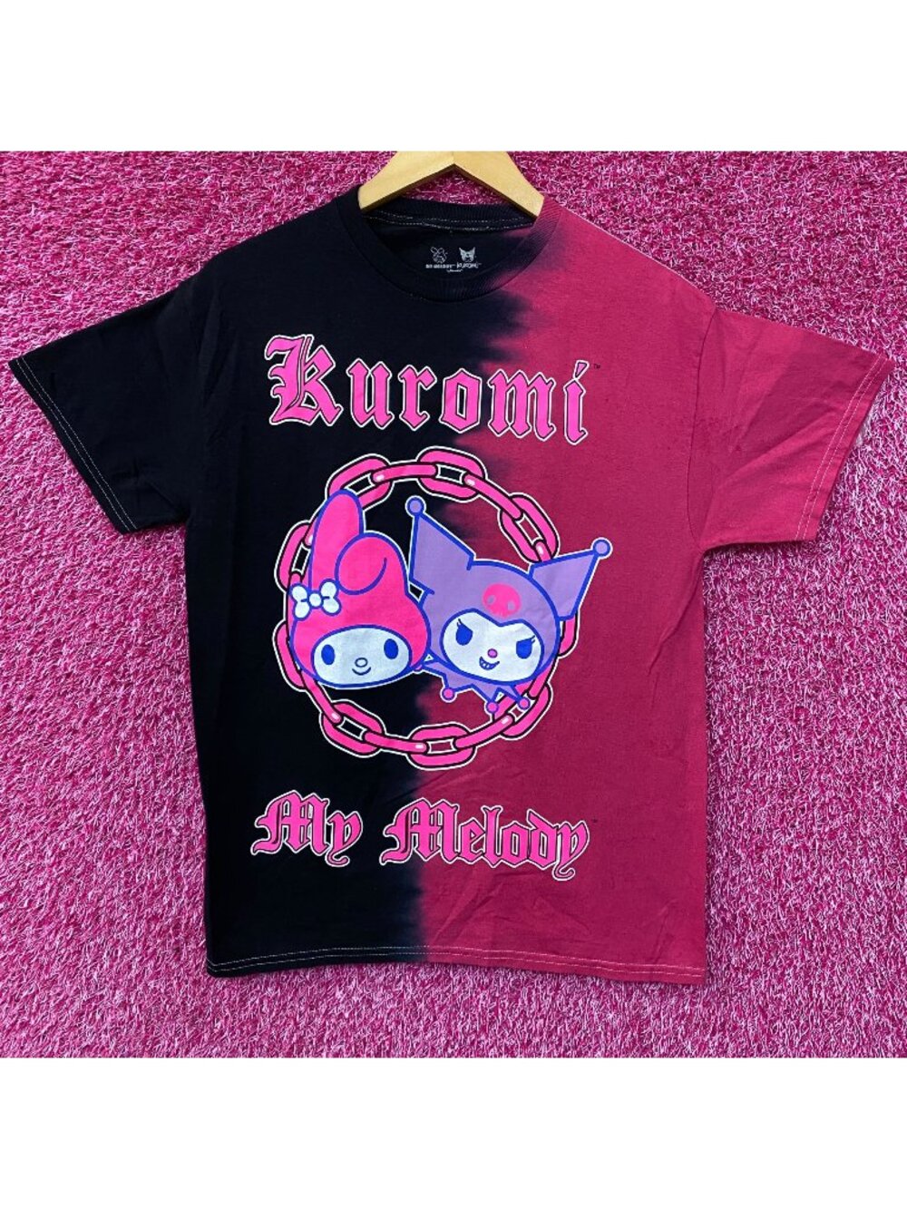 Sanrio Kuromi & My Melody Linked Together Split Tie Dye Anime T-Shirt Medium